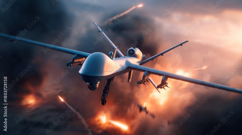 Naklejka premium Military drone in flight with missiles