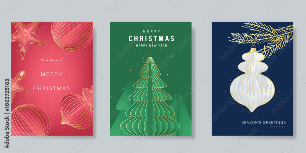 Fototapeta premium Merry Christmas and Happy New Year greeting card vector set. Luxury invitation with Christmas tree, leaves, sparkle, spot texture on navy blue background. Design illustration for season's card, ads.