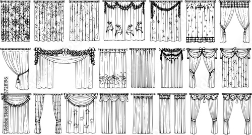 Extensive Collection of Hand-Drawn Window Curtains and Drapes, Featuring Diverse Styles, Decorative Patterns, and Festive Holiday Garlands  Motifs