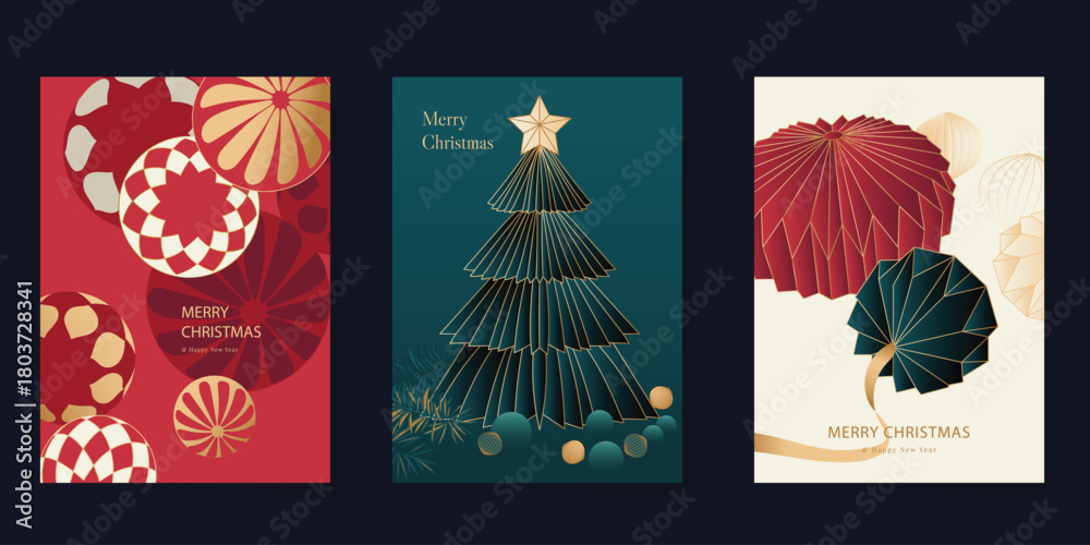 Fototapeta premium Merry Christmas and Happy New Year greeting card vector set. Luxury invitation with Christmas tree, leaves, sparkle, spot texture on navy blue background. Design illustration for season's card, ads.