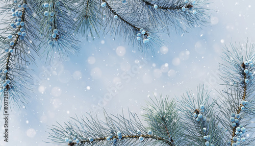 Winter wonderland Festive Christmas background with fir branches, snow, and serene blue hues