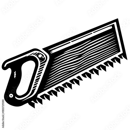 A black and white illustration of a hand saw with a handle and sharp teeth on a white background tool