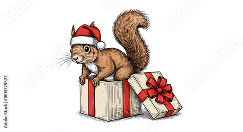 Squirrel in Santa Hat Climbing Out of Gift Box — engraving sketch, black and white vintage vector illustration.