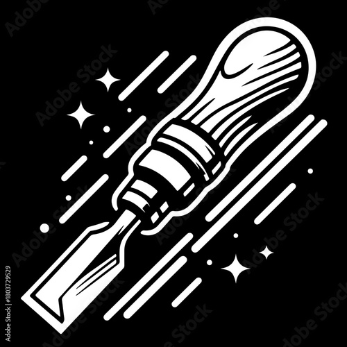 Illustration of a white chisel tool with a wooden handle and sparkles on a black background design art