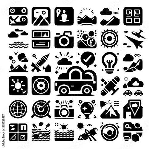 Collection of travel related icons featuring landscapes transportation and navigation elements arranged