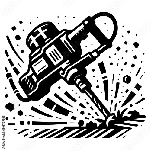 Illustration of a jackhammer breaking ground with debris and impact lines in black and white style