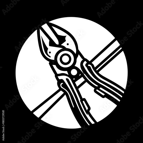 Illustration of a pair of pliers with crossed lines in a white circle on a black background