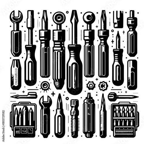 Detailed monochrome illustration showcasing an array of assorted screwdrivers and wrench tools neatly arranged