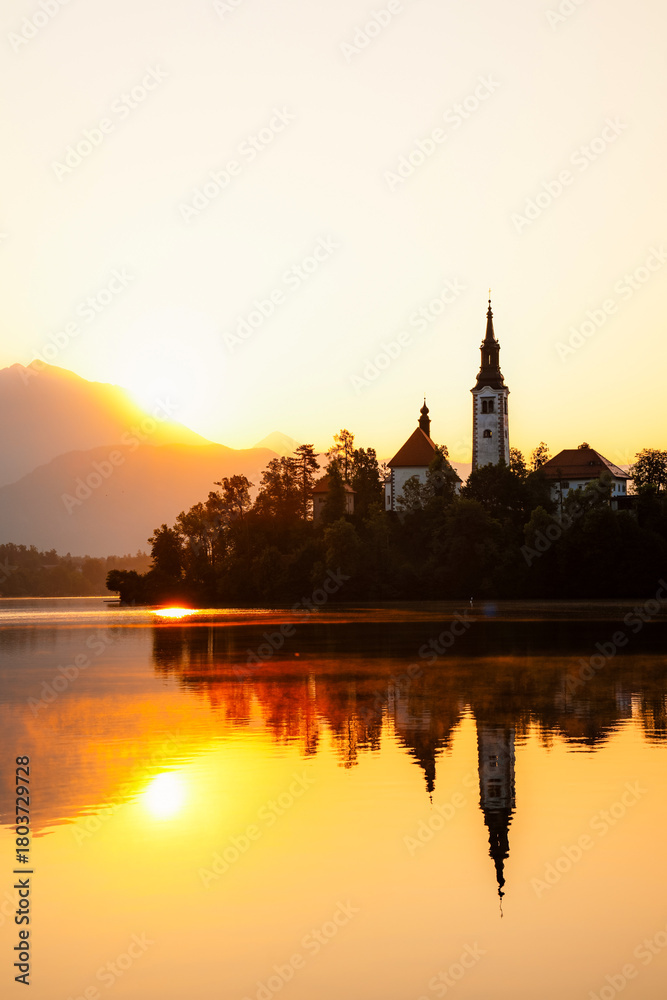 Fototapeta premium Bled, Slovenia. Bled Castle with Lake Bled with the Church of the Assumption of Maria and Julian Alps in the background