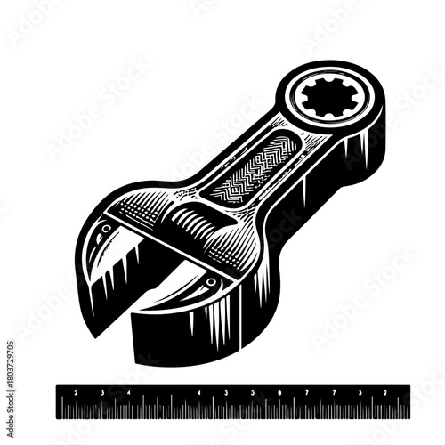Illustration of a black and white wrench with a ruler at the bottom of the image frame view