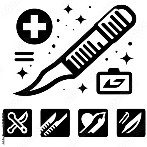 Illustration of a scalpel with medical symbols and a first aid kit in black and white design