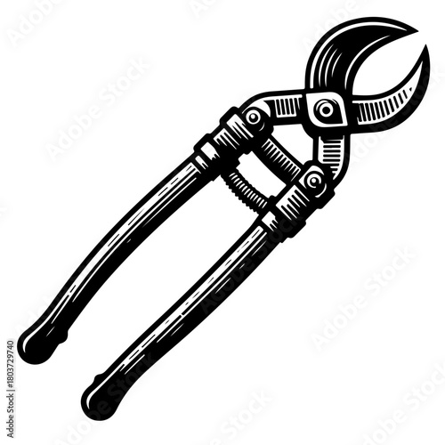 Illustration of a heavy duty bolt cutter with long handles and curved cutting blades in black and white