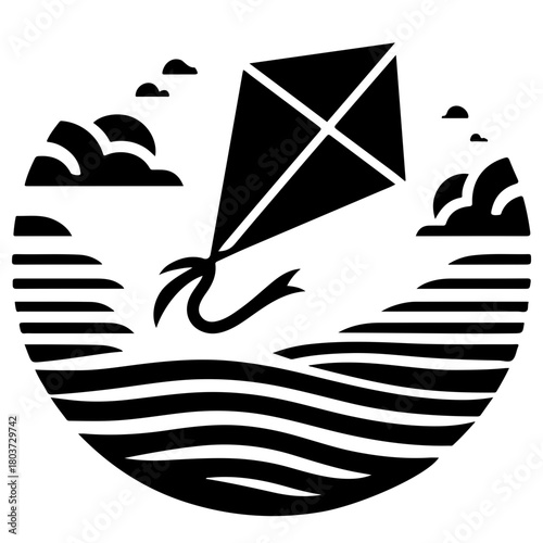 Black and white graphic of a kite flying over water with clouds in a circular frame design element