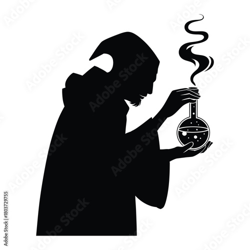 Alchemist examining a mysterious vial Vector, Silhouette, Illustration