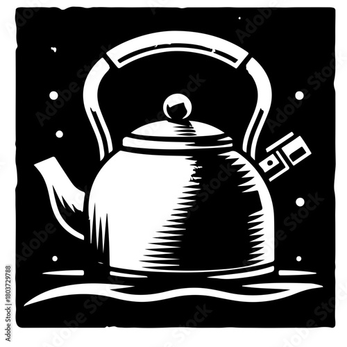 Illustration of a kettle with a curved handle and spout on a surface in a black background scene
