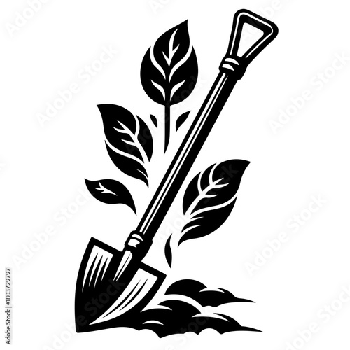 Illustration of a shovel with leaves and soil in black and white perfect for gardening themes design