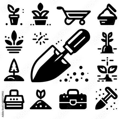 Collection of gardening icons featuring plants, tools, and accessories in black and white style