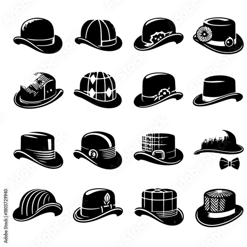 Collection of sixteen stylized black and white hats with various designs and shapes arranged neatly grid like