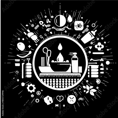 Illustration of salon and spa tools and products arranged in a circular design on a black background