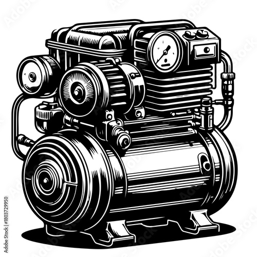 Illustration of a detailed air compressor with pressure gauge and cooling fins in black and white style