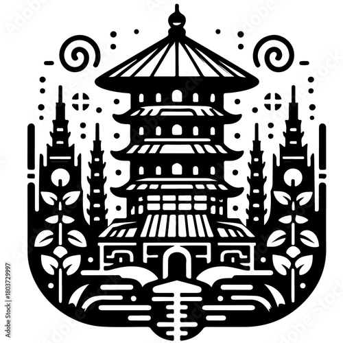 Detailed black and white illustration of a pagoda with surrounding foliage and decorative swirls