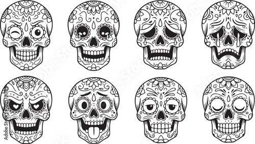Sugar Skull Vector Set with Emotions | Day of the Dead Calavera Line Art Icons