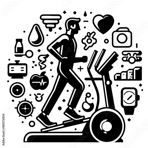 Illustration showing a person using an elliptical machine surrounded by health related icons and symbols