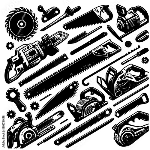 A collection of various saws and cutting tools displayed in a detailed black and white illustration