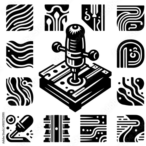 Illustration of a milling machine surrounded by abstract patterns and linear design elements in black and white