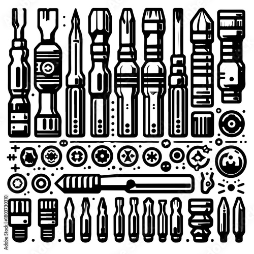 Illustration of various screwdriver bits and heads arranged in rows in a black and white graphic style
