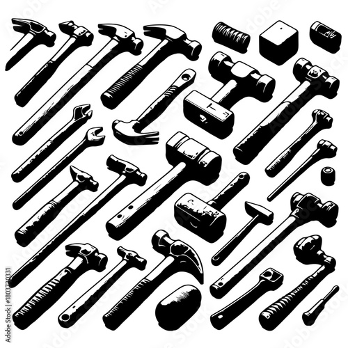 A collection of various hammers and tools displayed in a monochrome artistic arrangement on white background