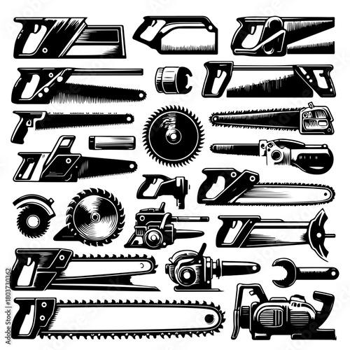 Collection of various saws including hand saws circular saws and chainsaw designs in black and white style