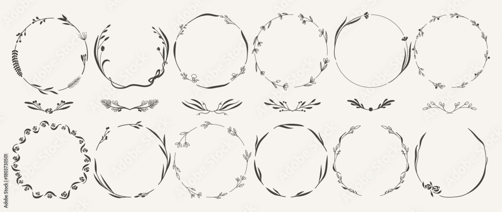 Fototapeta premium line wreath hand drawn with flower and leaf branch for wedding banner , botanical logo template 