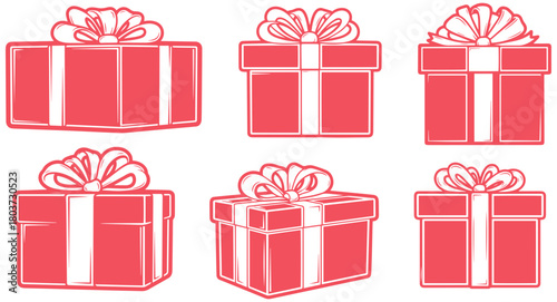 Six festive coral gift boxes with ribbons, perfect for celebrations and surprises