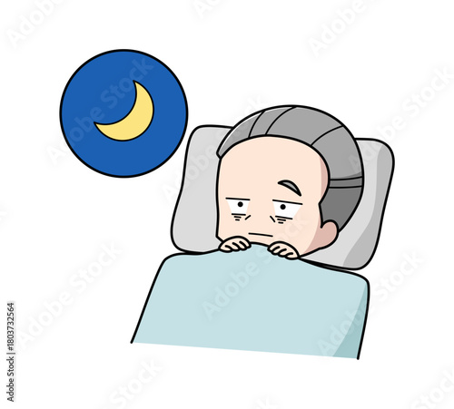 目がさえて眠れない高齢男性のイラスト