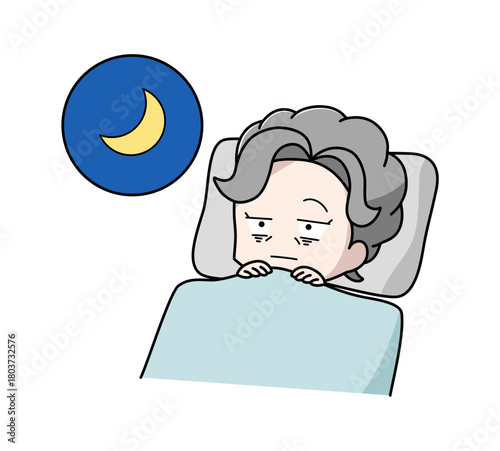 目がさえて眠れない高齢女性のイラスト