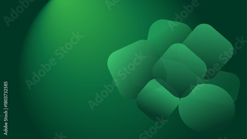 Emerald glass tiles — translucent rounded squares on a deep green spotlight gradient