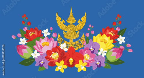 Celebrate Thai culture with this vibrant floral arrangement featuring the Phra Khrut Pha, perfect for adding a touch of elegance and cultural significance to your designs