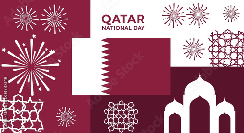Celebrate Qatar National Day with this vibrant illustration showcasing fireworks, traditional patterns, and iconic architecture, perfect for festive promotions and cultural events