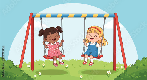 Two happy children swinging outdoors on red swing set in grassy playground with flowers, bushes, and blue sky cartoon illustration