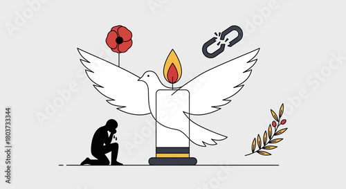 Heartfelt memorial illustration honoring remembrance day with peace dove and candle, symbolizing hope and healing for those who grieve loss and seek solace, perfect for commemorative designs