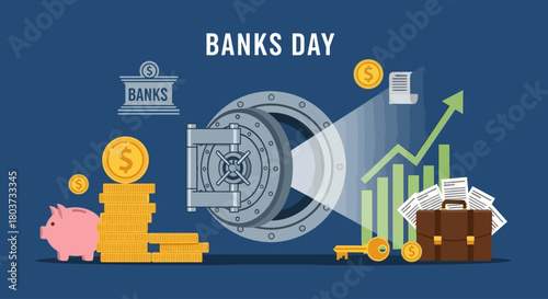 Celebrate Banks Day with smart financial planning and wealth growth opportunities, featuring savings, investment, and business success, all pointing towards a secure future