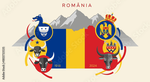 Celebrate Romania's Rich History with this Striking Symbolic Design Featuring the National Flag, Mountains, and Emblematic Animals, Perfect for Patriotic Displays and Cultural Projects