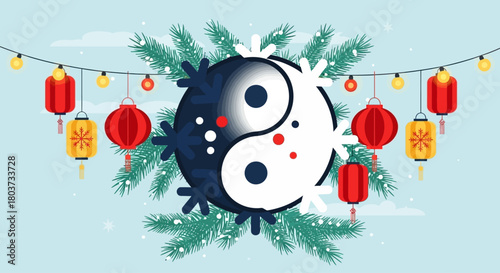 Celebrate Lunar New Year with Festive Lanterns and Pine Branches, a Symbol of Balance and Harmony for Welcoming Good Fortune and Prosperity, a Joyful Holiday Celebration