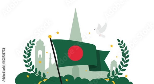 Celebrate Bangladesh Independence Day with a beautiful illustration featuring the national flag, a dove of peace, and iconic architecture for festive greetings and national pride promotions