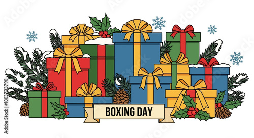 Celebrate Boxing Day with festive gifts wrapped in bright paper and tied with elegant ribbons, perfect for seasonal promotions and holiday greetings, a time for joy and giving
