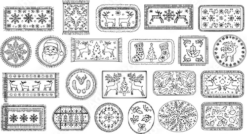 Hand-drawn Black and White Christmas and Holiday Patterns Collection featuring Reindeer, Snowflakes, Santa, Trees, and Festive Elements