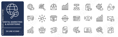 Digital Marketing and Advertising Line Icon Set with Editable Stroke. Collection of SEO, PPC, analytics, campaign, conversion, lead generation, optimization, email, social media, and target symbols.