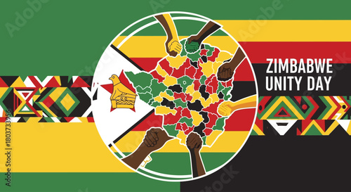 Celebrate Zimbabwe Unity Day with Diverse Hands Joining Together Over the Country's Map, a Powerful Symbol of Togetherness and National Pride, Perfect for Cultural Events and Patriotic Celebrations