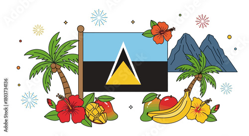 Celebrate Saint Lucia's vibrant culture with this festive design featuring the flag, majestic Pitons, tropical fruits, and swaying palms - perfect for travel promotions and national pride campaigns